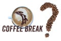 Cup of coffee, words `Coffee Break` and question mark made of roasted espresso coffee beans isolated on white background.