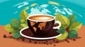 a cup of coffee with the world map on the background and coffee beans on the saucer vector illustration Royalty Free Stock Photo