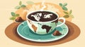 a cup of coffee with a world map on it with chocolate and beans on the saucer on a wooden background vector illustration ilustra Royalty Free Stock Photo