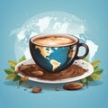 cup of coffee with world map and coffee beans on the plate vector illustration on blue background ilustraÃÂ§ÃÂ£o Royalty Free Stock Photo