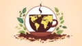a cup of coffee with the world map on it with leaves and coffee beans on the ground on a beige background Royalty Free Stock Photo