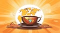 a cup of coffee and a world map on an orange background Royalty Free Stock Photo