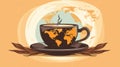 a cup of coffee with a world map on it on an orange background Royalty Free Stock Photo