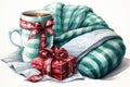 Cup of coffee wrapped in a blanket with a gift on a white background Generative AI Generative AI