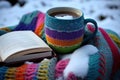 a cup of coffee is wrapped in a colorful warm sweater, books, comfort . Ai generative