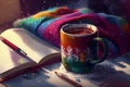 a cup of coffee is wrapped in a colorful warm sweater, books, comfort . Ai generative