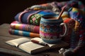 a cup of coffee is wrapped in a colorful warm sweater, books, comfort . Ai generative