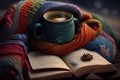 a cup of coffee is wrapped in a colorful warm sweater, books, comfort . Ai generative
