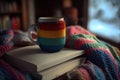 a cup of coffee is wrapped in a colorful warm sweater, books, comfort . Ai generative