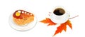 A cup of coffee on a yellow maple leaf and a cake isolated on a white . Collage. Wide photo Royalty Free Stock Photo