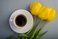 Cup of coffee and yellow tulip flowers. Royalty Free Stock Photo