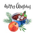 Cup of coffee with zephyr, firtree branch, holly, tangerine and phrase `merry Christmas`. Watercolor hand-drawn object isolated.