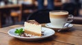 A cup of coffie and a piece of cheesecake, on a wooden table in a cafe