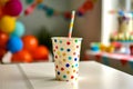 Cup with colorful polka dot design is filled with straw. Generative AI Royalty Free Stock Photo