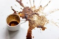 A Cup of custard coffee spilled on a white table background, top view of a Beautiful spot of coffee brewing. Fortune