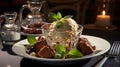 A Cup of Delicate Chocolate Ice Cream Served in a Glass Becomes the Focal Point of the Table Selective Focus