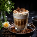 cup of delicious aromatic cappuccino with thick milk foam, on a plate with coffee beans and cinnamon,