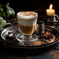 Cup of delicious aromatic cappuccino with thick milk foam, on plate with coffee beans and cinnamon,