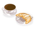 A cup of delicious black coffee and a fresh croissant on a plate with chocolate. Vector illustration