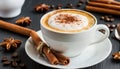 Cup of delicious cappuccino with cinnamon. Dried anise flower and coffee beans on table