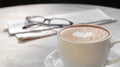 Cup of delicious coffee, glasses and newspaper on beige marble table outdoors, closeup. Space for text Royalty Free Stock Photo