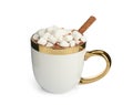 Cup of delicious hot chocolate with marshmallows and cinnamon stick isolated on white Royalty Free Stock Photo