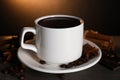 Cup of delicious hot chocolate, spices and coffee beans on wooden table