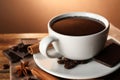 Cup of delicious hot chocolate, spices and coffee beans on wooden table, closeup