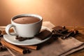 Cup of delicious hot chocolate, spices and coffee beans on wooden table. Space for text