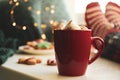 Cup of delicious hot cocoa with marshmallows on table. Winter drink Royalty Free Stock Photo