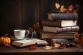A cup of delicious, hot coffee, books and autumn leaves on a wooden background. AI generative Royalty Free Stock Photo