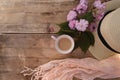 cup with drink coffee cappuccino, hot chocolate with milk, light sunhat, pink sakura flowers, caffeine improves functioning of Royalty Free Stock Photo