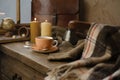 cup with drink coffee on old vintage wooden table, metal coffee maker, candles burn, caffeine improves functioning of human brain Royalty Free Stock Photo