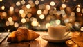 Cup of drink and pastry on table against blurred lights, space for text Royalty Free Stock Photo