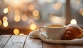 Cup of drink and pastry on table against blurred lights, space for text Royalty Free Stock Photo