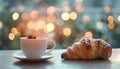 Cup of drink and pastry on table against blurred lights, space for text Royalty Free Stock Photo