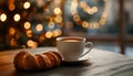 Cup of drink and pastry on table against blurred lights, space for text Royalty Free Stock Photo