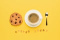 Cup of espresso coffee, chocolate cookie, spoon and coffee break lettering Royalty Free Stock Photo