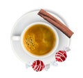 Cup with espresso coffee with cinnamon and two candies isolated Royalty Free Stock Photo