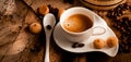 A cup of espresso coffee on a dark wooden background. Top view