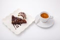 Cup of espresso coffee with piece of chocolate cake and ice cream Royalty Free Stock Photo