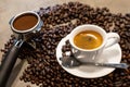 Cup of espresso coffee and portafilter on coffee beans background ,fresh espresso with crema perfect shot in the morning at cafe Royalty Free Stock Photo