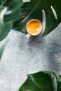 Cup of espresso on monstera leaves, flatlay with monstera leaves