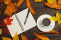 Cup of espresso, open notebook and pen among autumn fallen leaves on wooden table. View from above. Royalty Free Stock Photo