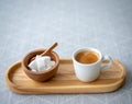 A cup of espresso on the wooden plate soft color tone picture relaxing idea with copy space Royalty Free Stock Photo