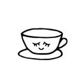 Cup with eyes and smile and saucer hand drawn element in doodle style. scandinavian monochrome minimalism. tea, coffee, kitchen,