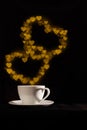 Cup with fantasy golden double heart shape steam