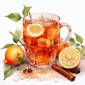 Hyperrealistic Watercolor Illustration Of Armudu Cider Tea With Lemons And Oranges