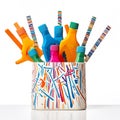 A cup filled with lots of different colored toothbrushes. AI generative image