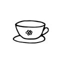 Cup with flower and saucer hand drawn element in doodle style. scandinavian monochrome minimalism. tea, coffee, kitchen, comfort,